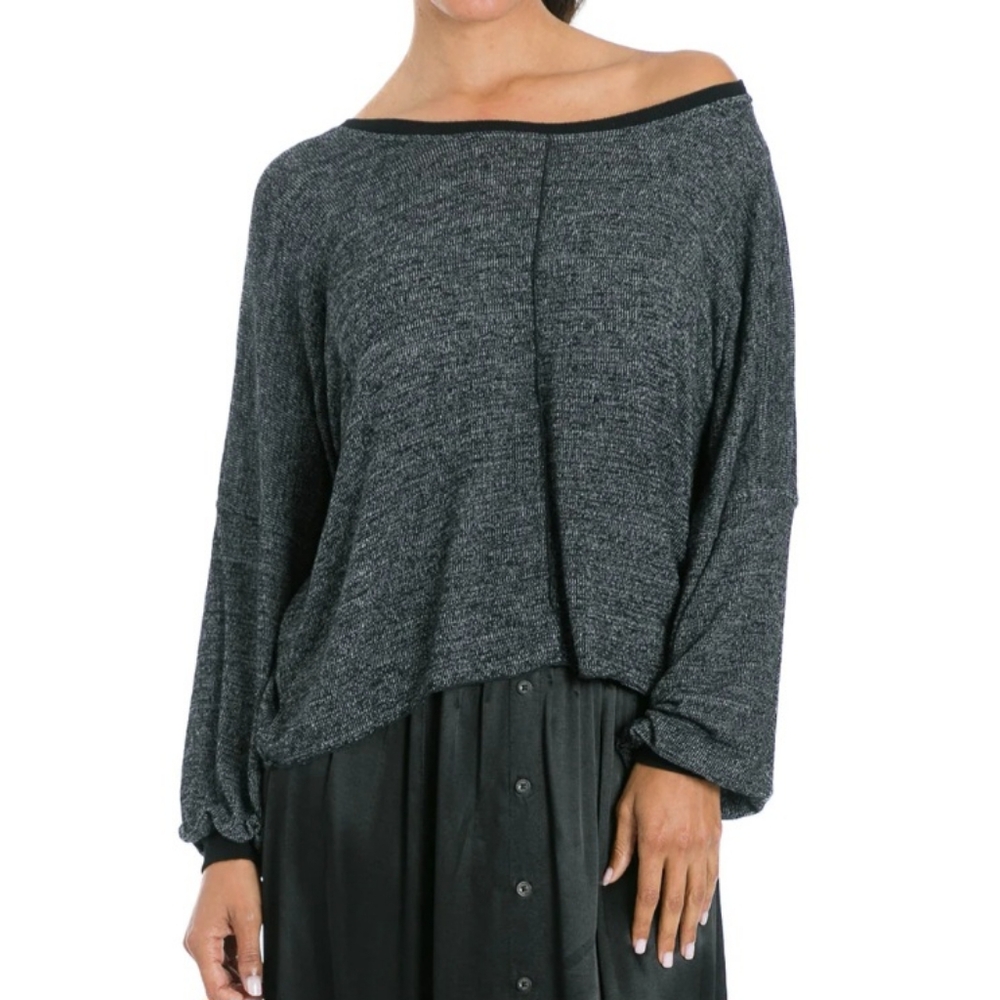 HARD TAIL Made In USA CROP PULLOVER TOP KNIT SHIRT SWESTSHIRT GRAY BLACK L Large